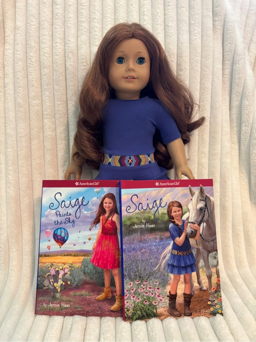 American Girl Saige Doll in Blue Dress with Multicolor Woven Belt - Picture 1 of 8